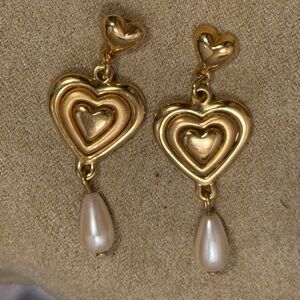 Gold Heart Drop Earrings with Pearl
